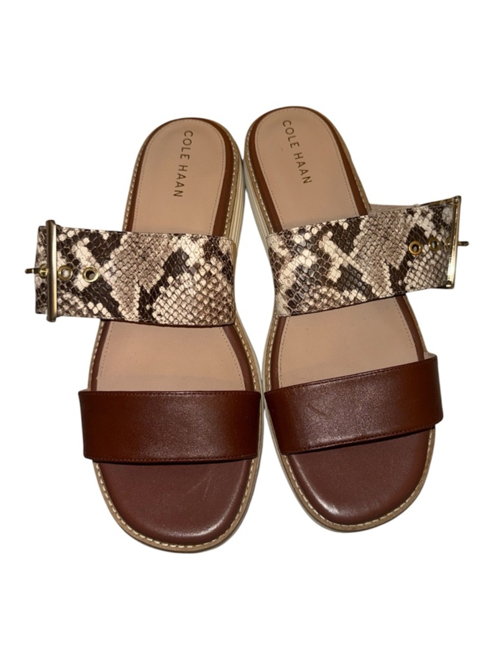 Gently worn size 9 Cole Haan Brown Snake-Print gold Strap Slide Sandals